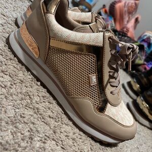 Michael Kors Cream Pink and Gold Sneakers with Mesh Panels
